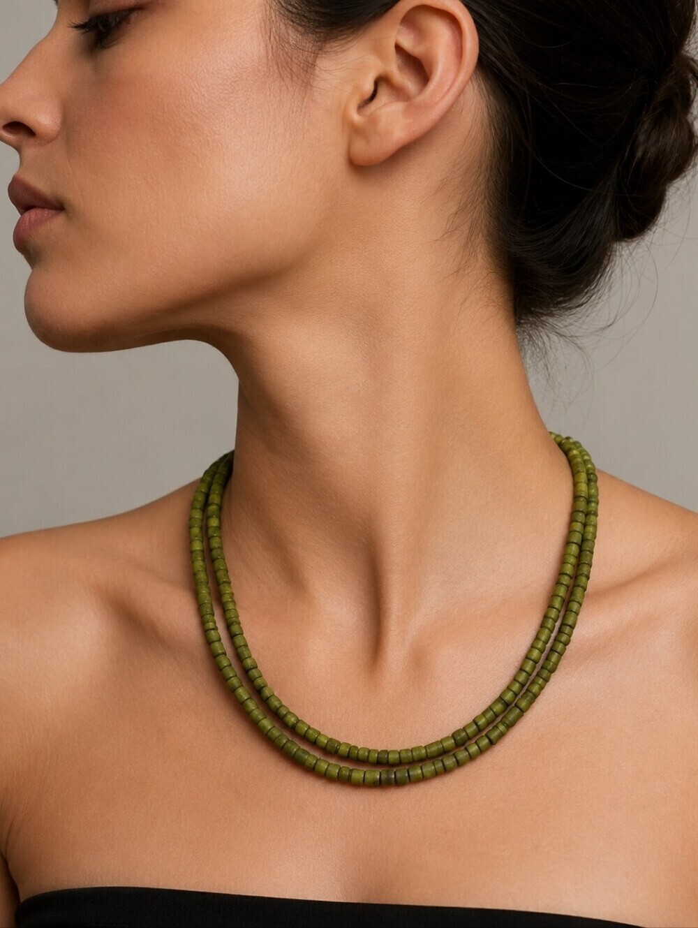 Vintage Ethnic Olive Green Double Strand Horn Beaded Necklace